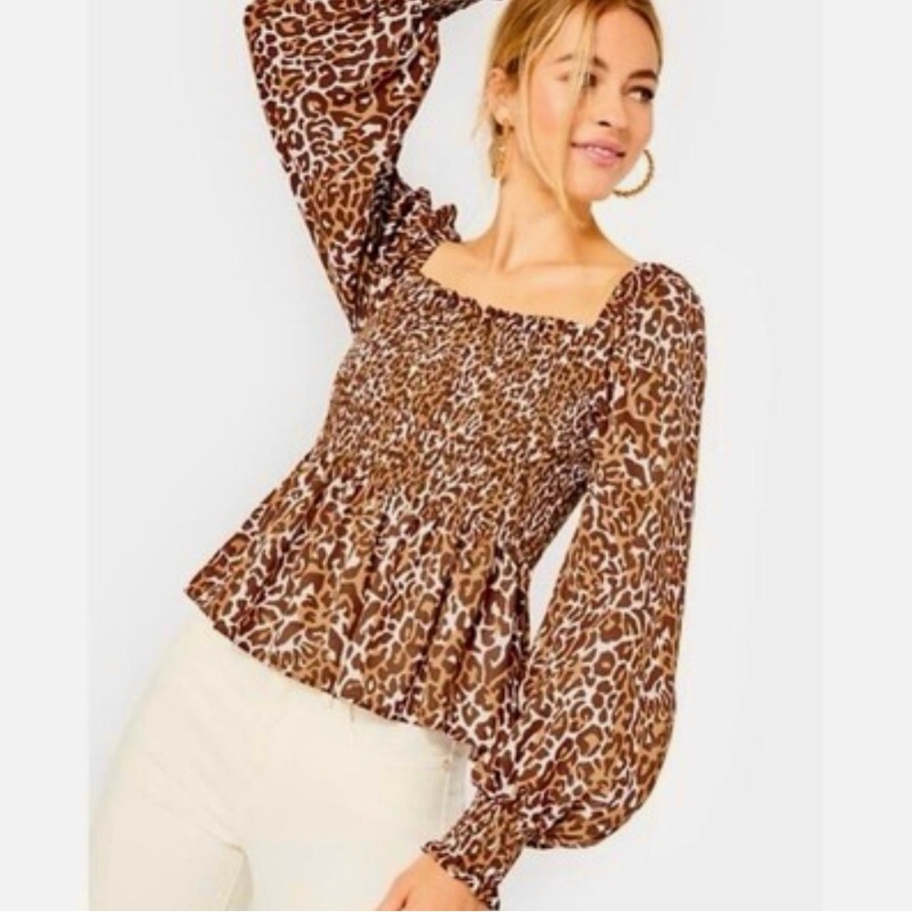 Lilly Pulitzer Brown Leopard Print Smocked Peplum Top • NWT